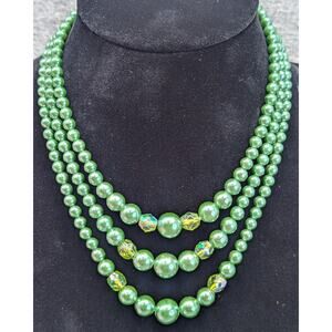 Vintage Triple Strand Faux Pearls, AB Beads, Graduated, Green, Hook Clasp, Japan